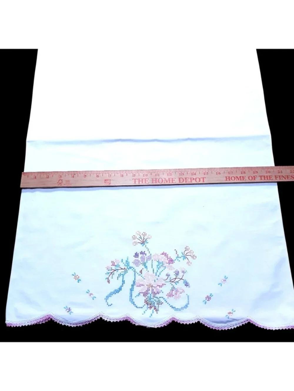 Vintage Hand-Embroidered Pillowcases Floral Cross-Stitch Pink Crochet Trim Set